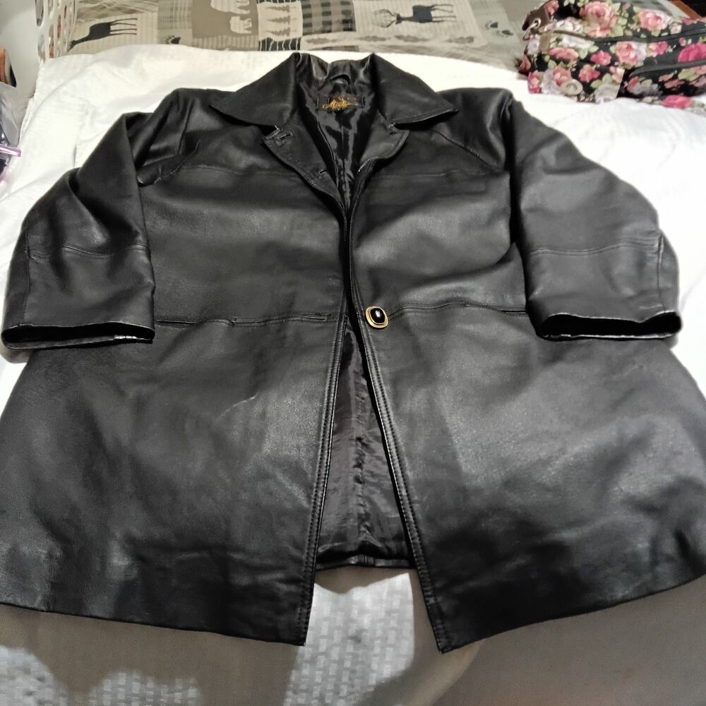 KC Collections Womens Size Large Leather Over Coat Black Long Button up